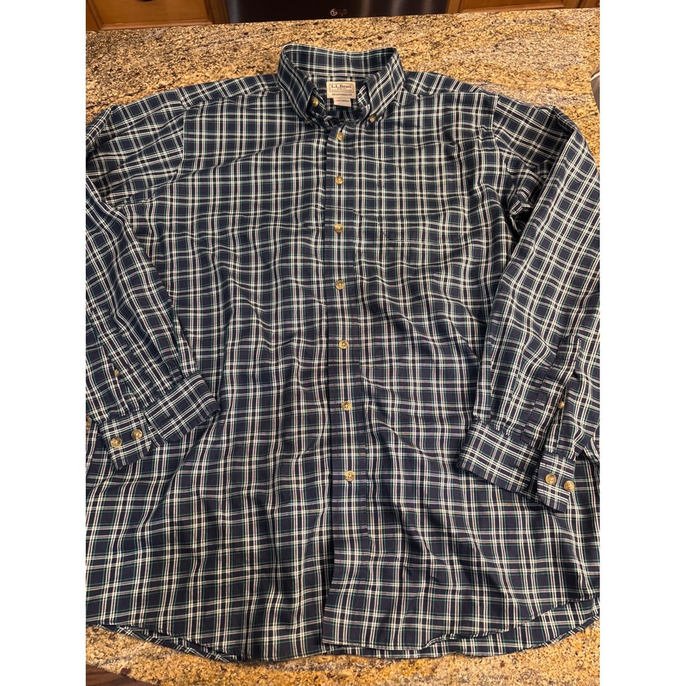 LL Bean Mens Large Tall Traditional Fit Plaid Button Down Shirt Navy‎ Green LT